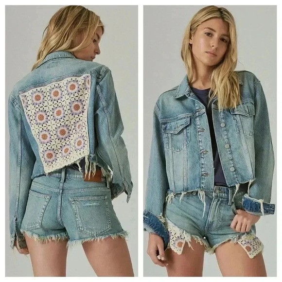 LUCKY BRAND Crochet Capsule Trucker Denim Distressed Jacket, Size Medium - Picture 1 of 16